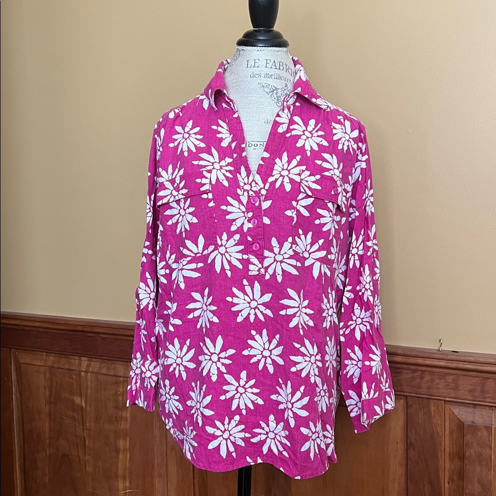Linen floral top pink white by Cathy Daniels women’s 2X beach cruise vacation